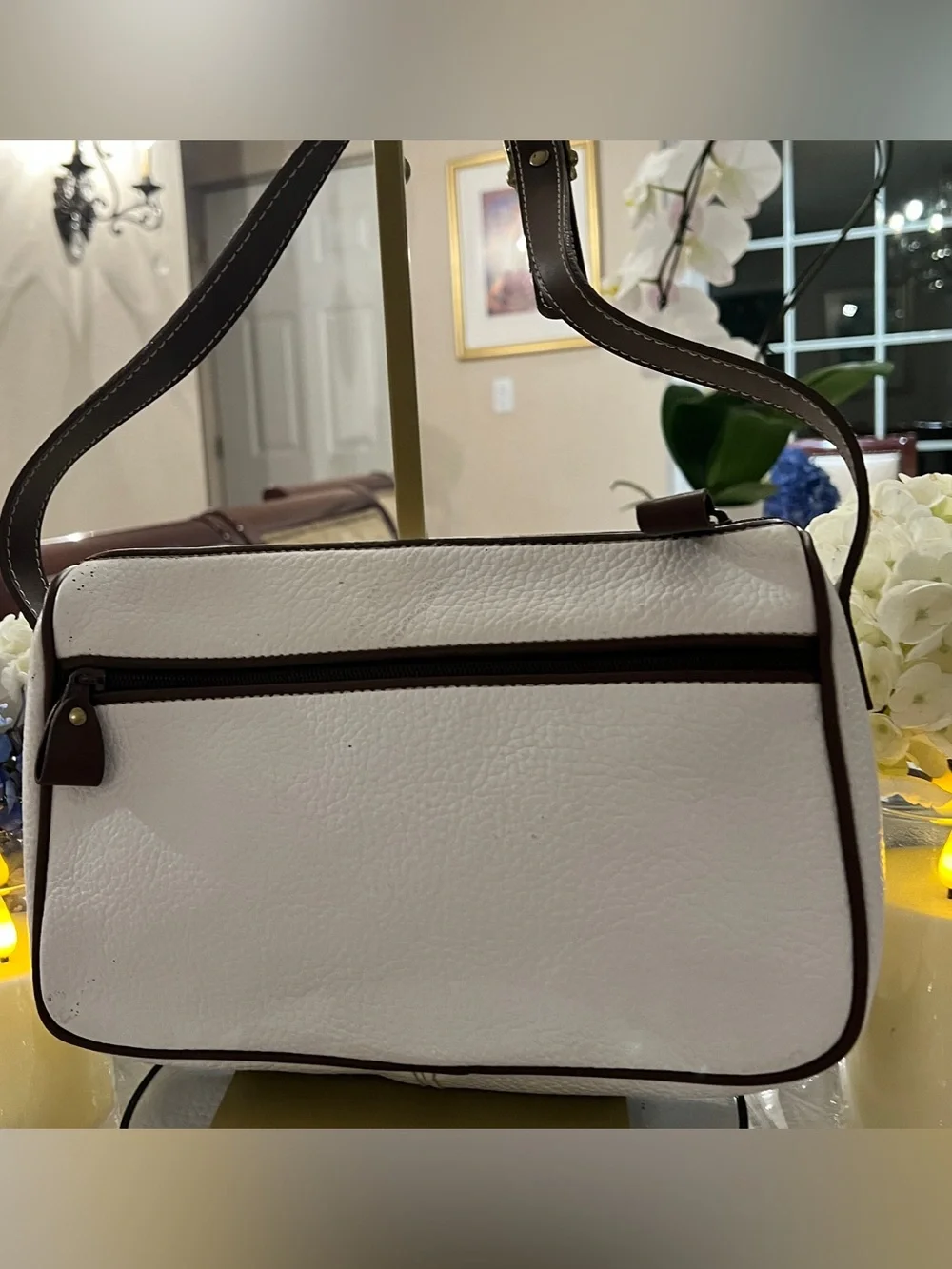 Medallion White Pebbled Leather Brown Trim Shoulder Bag
